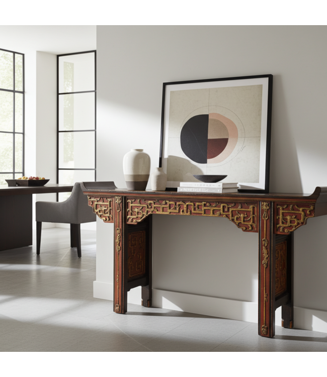 Antieke Chinese Sidetable Altaar tafel Goud Rood Bruin Handgesneden B195xD43xH92cm