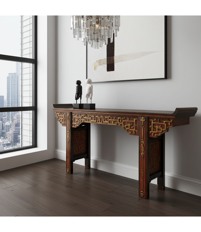 Tavolo da Altare Console Cinese Antico Marrone Oro Rosso Intagliato a Mano L195xP43xA92cm