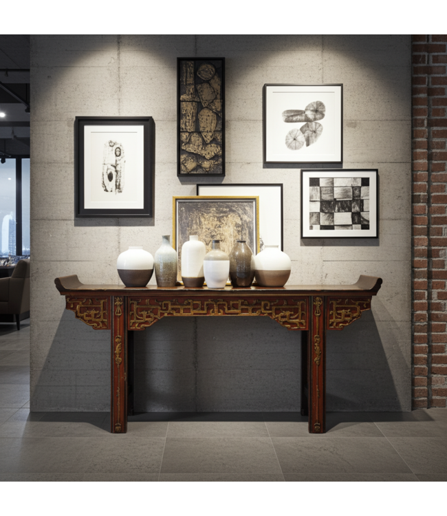 Tavolo da Altare Console Cinese Antico Marrone Oro Rosso Intagliato a Mano L195xP43xA92cm