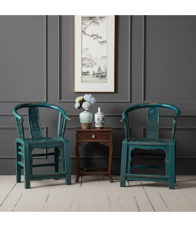 Paire Antique de Fauteuils chinois Début du 19e Siècle Bleu Haute Brilliance Sculpté à la Main