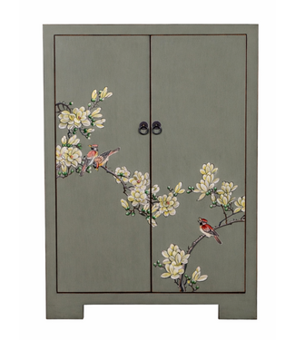 Fine Asianliving Chinese Cabinet Olive Grey Handpainted Blossoms W80xD35xH99cm