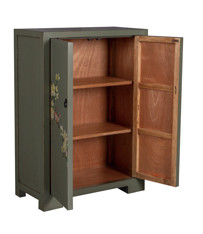 Chinese Cabinet Olive Grey Handpainted Blossoms W80xD35xH99cm