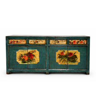 Fine Asianliving Antique Chinese Sideboard Teal Handpainted Peonies W185xD40xH85cm