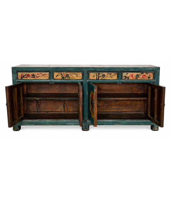 Antique Chinese Sideboard Teal Handpainted Peonies W185xD40xH85cm