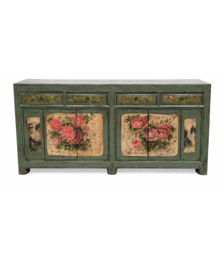 Fine Asianliving Antieke Chinese Dressoir Mint Pioenrozen Handgeschilderd B203xD43xH84cm