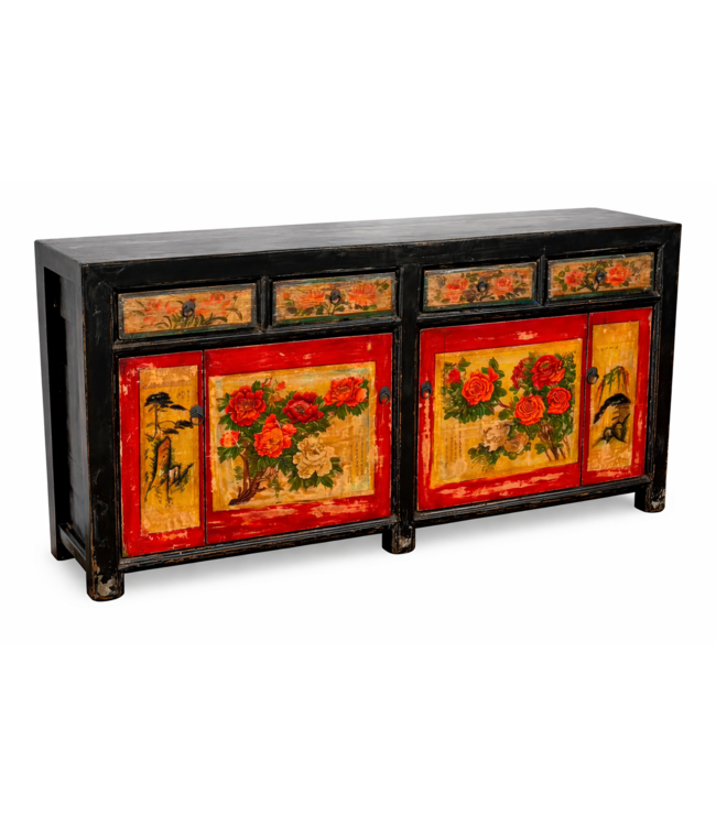 Antieke Chinese Dressoir Zwart Rood Pioenrozen Handgeschilderd B167xD40xH87cm