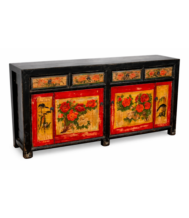 Antique Chinese Sideboard Red Black Handpainted Peonies W167xD40xH87cm