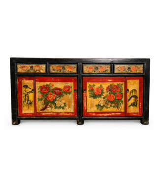 Fine Asianliving Buffet Chinois Ancien Noir Rouge Pivoines Peintes à la Main L167xP40xH87cm
