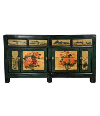 Fine Asianliving Aparador Chino Antiguo Peonías Verde Azulado Pintadas a Mano An176xP45xAlt85cm
