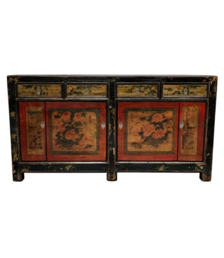 Fine Asianliving Buffet Chinois Ancien Rouge Fleurs Peintes à la Main L164xP40xH81cm