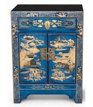 Fine Asianliving Chinesischer Nachttisch Blau Handbemalt mit Dorflandschaft B40xT32xH60cm