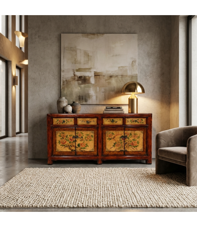 Credenza Cinese Antica Dipinta a Mano con Peonie L159xP42xA82cm