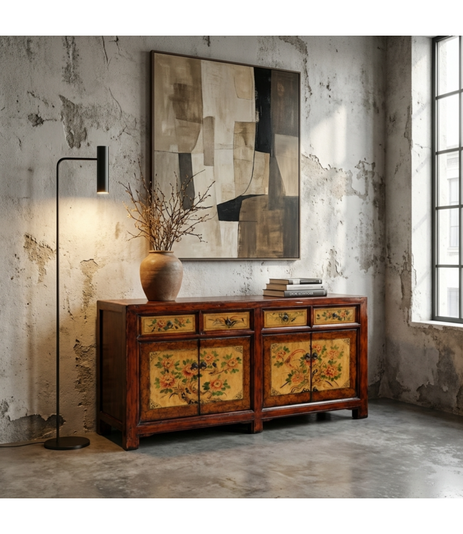 Antieke Chinese Dressoir Pioenrozen Handgeschilderd B159xD42xH82cm