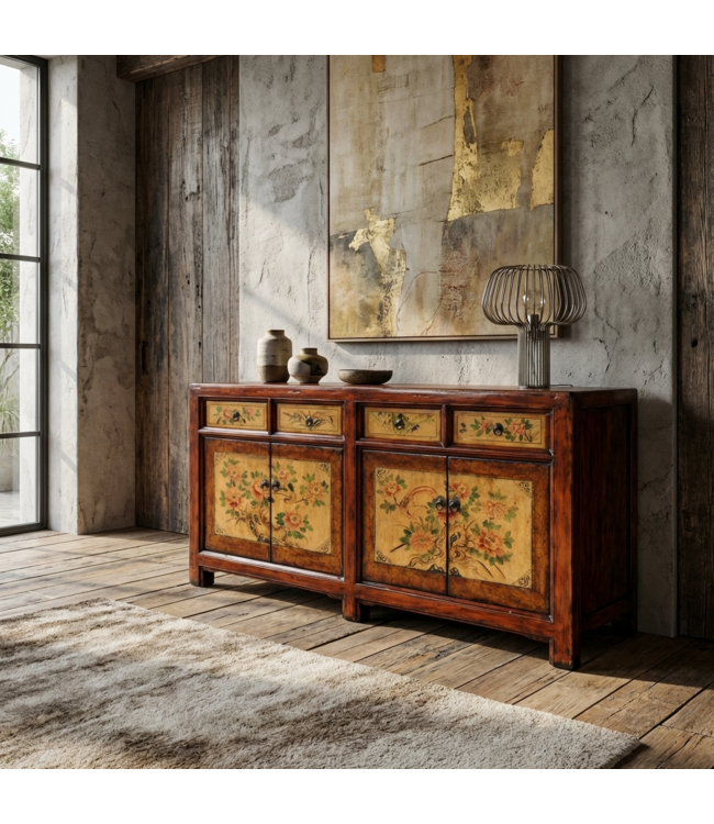 Buffet Chinois Ancien Pivoines Peintes à la Main L159xP42xH82cm