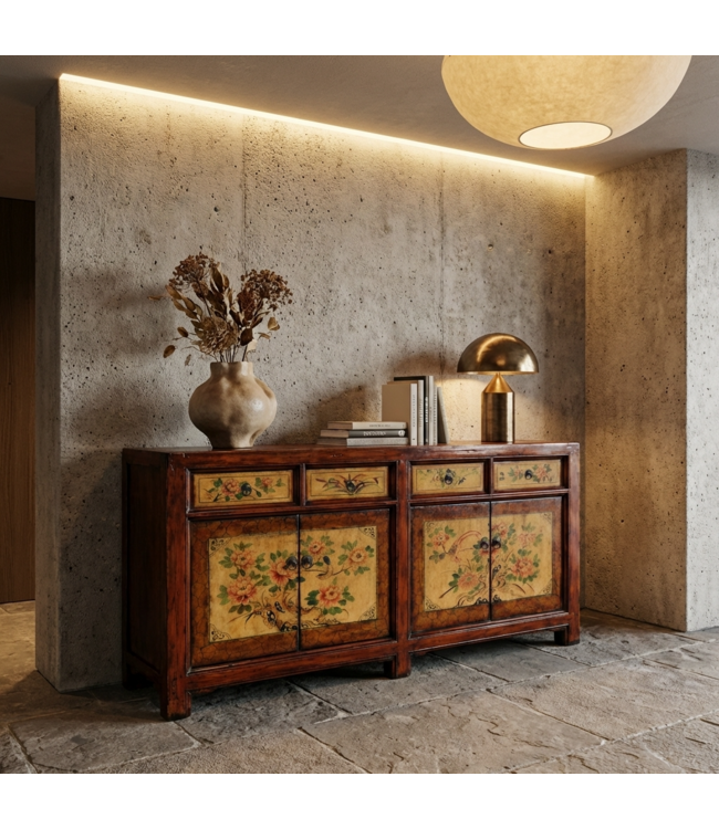 Antikes Chinesisches Sideboard Pfingstrosen Handbemalt B159xT42xH82cm