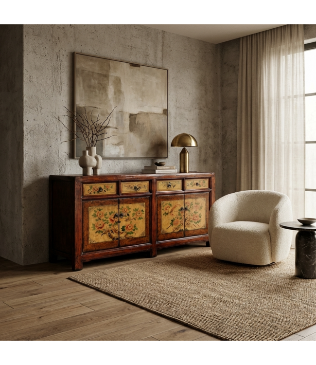 Antikes Chinesisches Sideboard Pfingstrosen Handbemalt B159xT42xH82cm