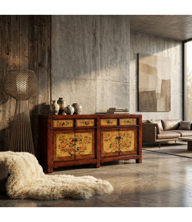 Antikes Chinesisches Sideboard Pfingstrosen Handbemalt B159xT42xH82cm