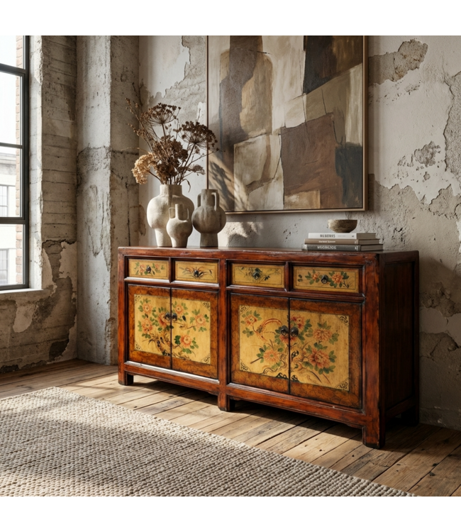 Antique Chinese Sideboard Handpainted Peonies W159xD42xH82cm