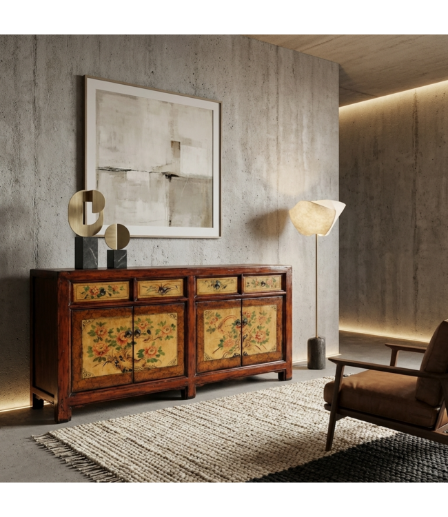 Antieke Chinese Dressoir Pioenrozen Handgeschilderd B159xD42xH82cm