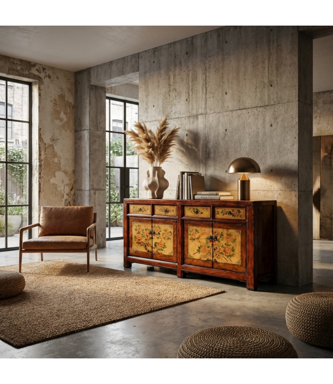 Credenza Cinese Antica Dipinta a Mano con Peonie L159xP42xA82cm