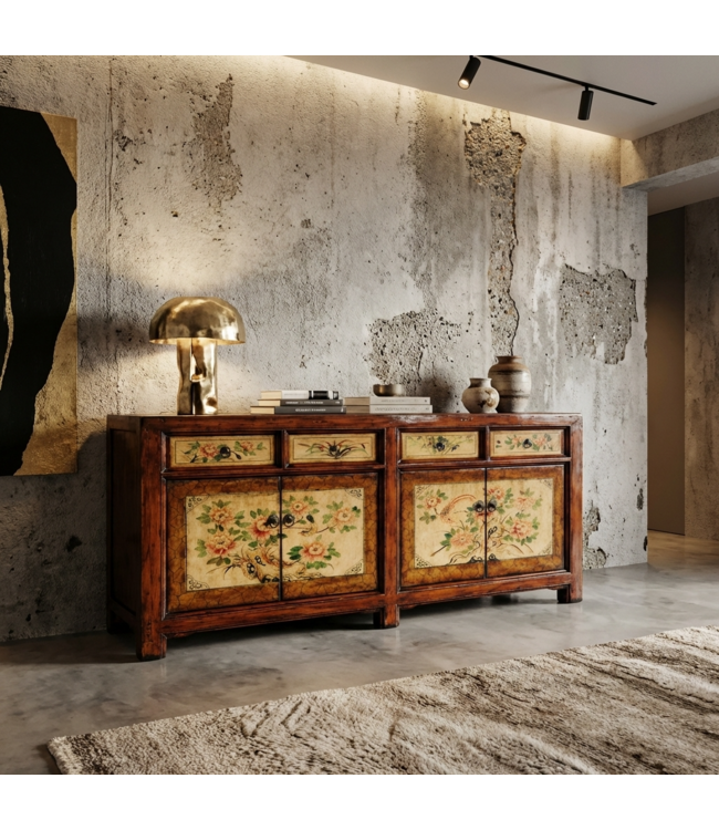 Credenza Cinese Antica Dipinta a Mano con Peonie L159xP42xA82cm