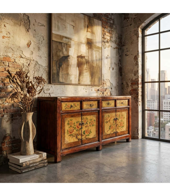 Antique Chinese Sideboard Handpainted Peonies W159xD42xH82cm