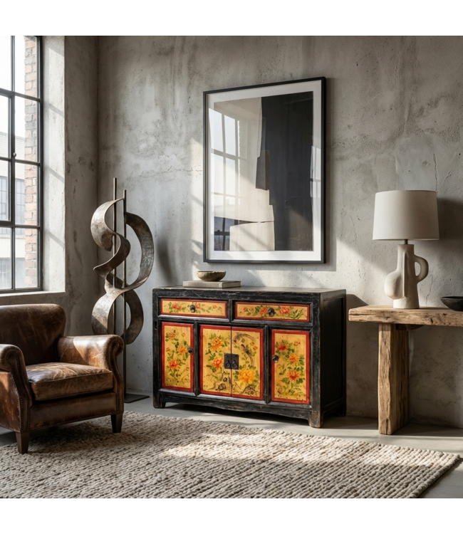 Antikes Chinesisches Sideboard Pfingstrosen Handbemalt B110xT42xH85cm
