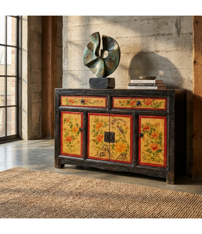 Antikes Chinesisches Sideboard Pfingstrosen Handbemalt B110xT42xH85cm