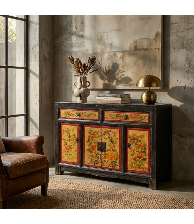 Buffet Chinois Ancien Pivoines Peintes à la Main L110xP42xH85cm