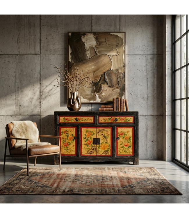 Antique Chinese Sideboard Handpainted Peonies W110xD42xH85cm