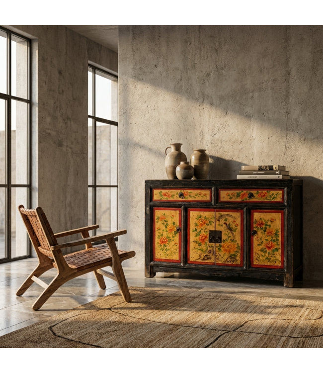 Antique Chinese Sideboard Handpainted Peonies W110xD42xH85cm