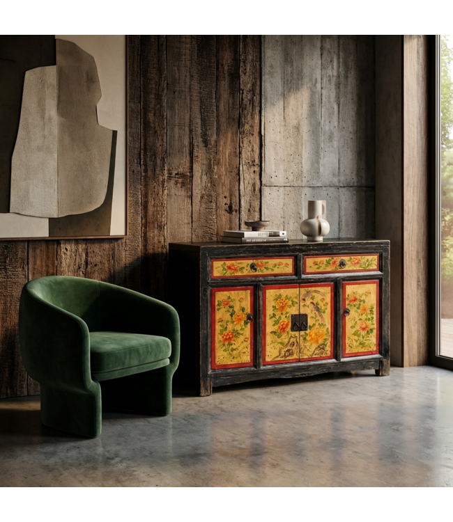 Antique Chinese Sideboard Handpainted Peonies W110xD42xH85cm