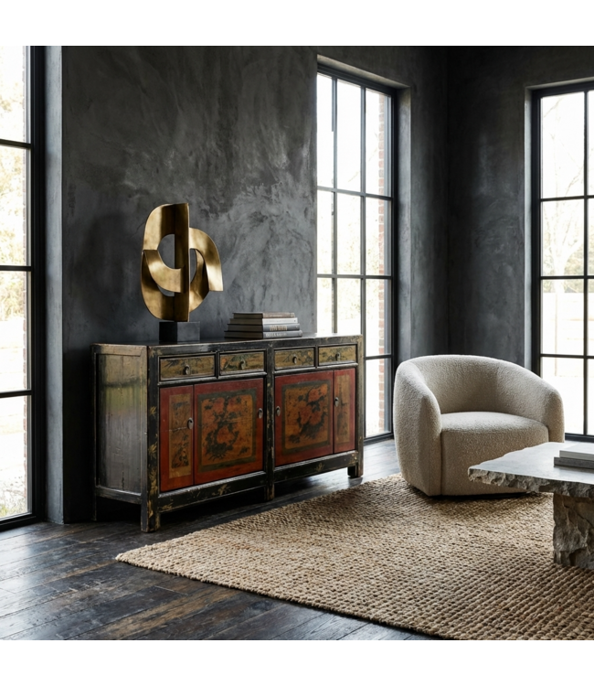 Antikes Chinesisches Sideboard Rot Handbemalt Blumen B164xT40xH81cm