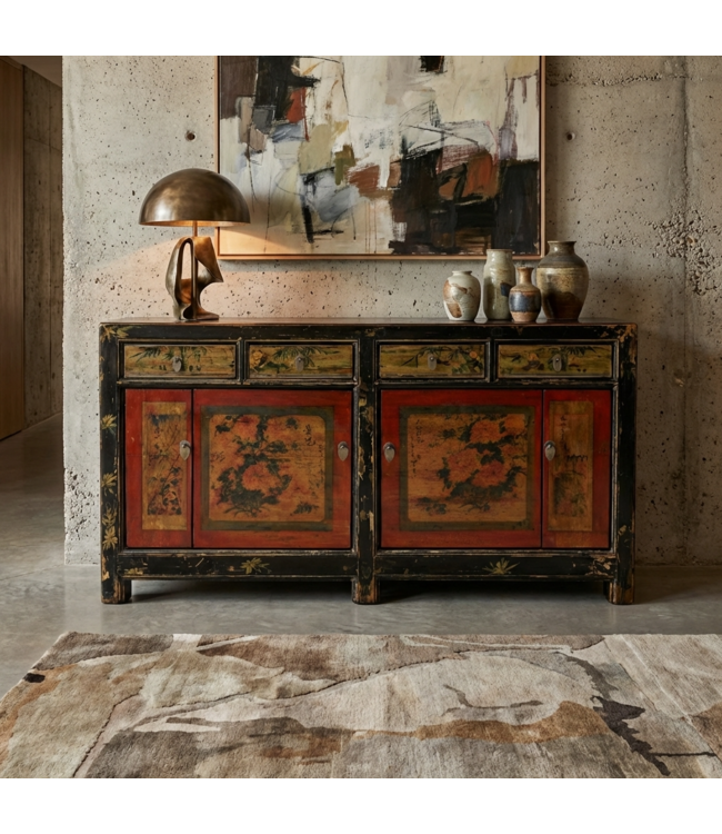 Antikes Chinesisches Sideboard Rot Handbemalt Blumen B164xT40xH81cm