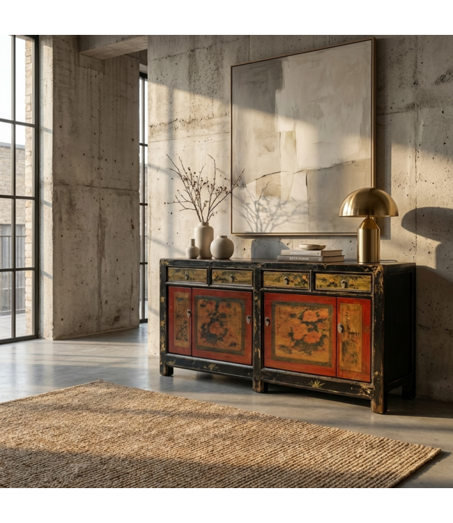 Antikes Chinesisches Sideboard Rot Handbemalt Blumen B164xT40xH81cm