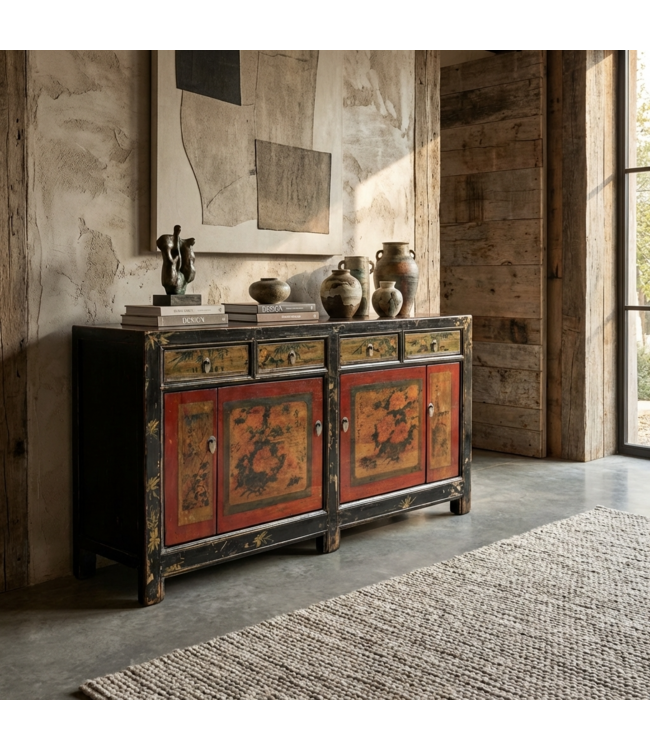 Buffet Chinois Ancien Rouge Fleurs Peintes à la Main L164xP40xH81cm