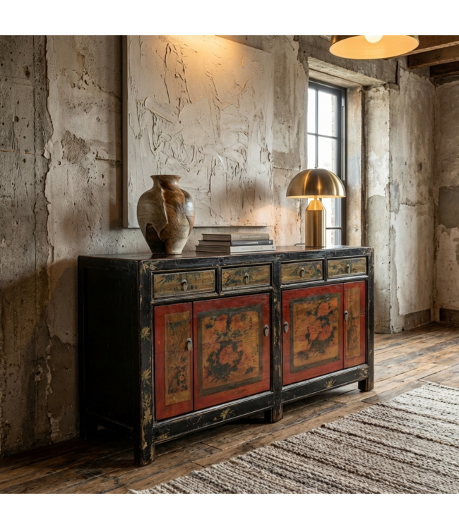 Buffet Chinois Ancien Rouge Fleurs Peintes à la Main L164xP40xH81cm