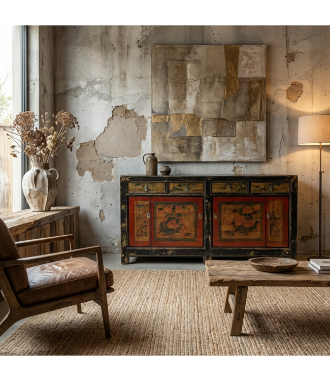 Credenza Cinese Antica Rossa Fiori Dipinta a Mano L164xP40xA81cm