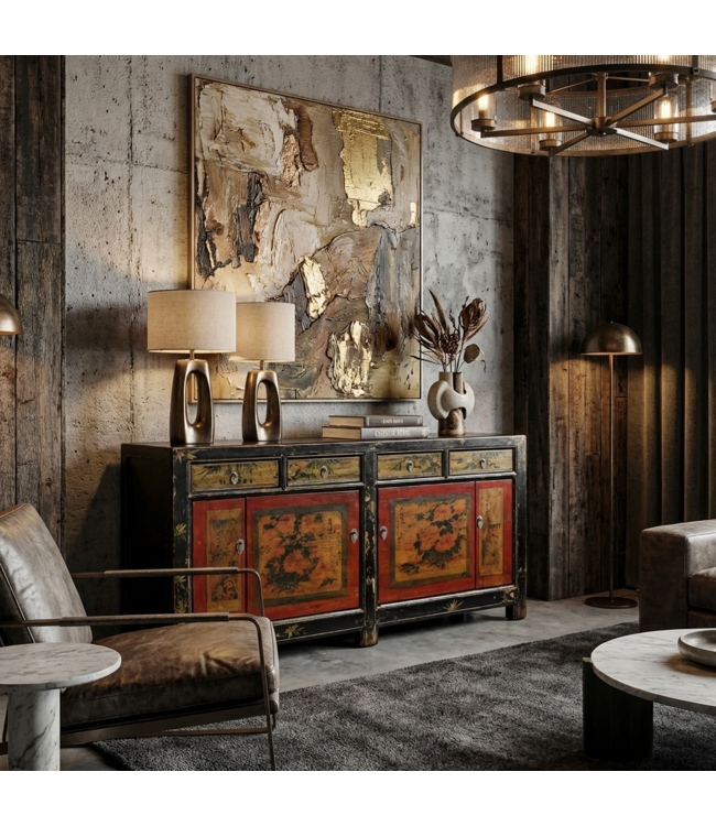 Credenza Cinese Antica Rossa Fiori Dipinta a Mano L164xP40xA81cm