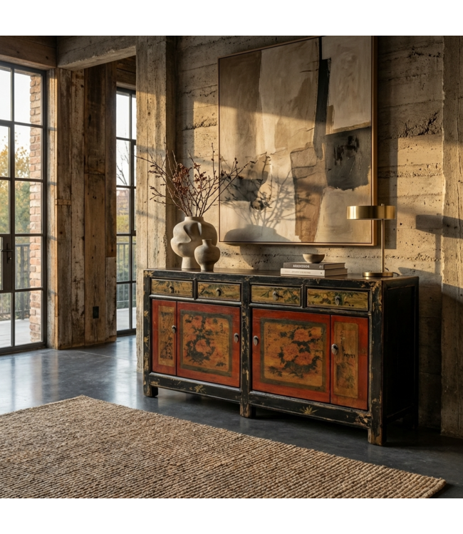 Credenza Cinese Antica Rossa Fiori Dipinta a Mano L164xP40xA81cm