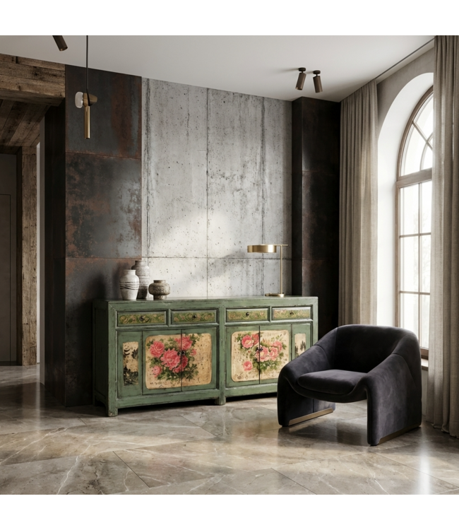 Buffet Chinois Ancien Menthe Pivoines Peintes à la Main L203xP43xH84cm