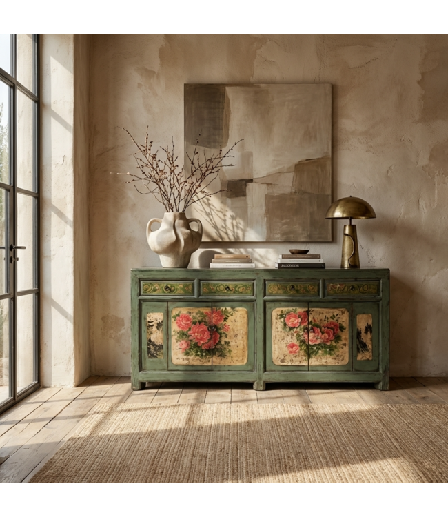 Antikes Chinesisches Sideboard Mint Pfingstrosen Handbemalt B203xT43xH84cm