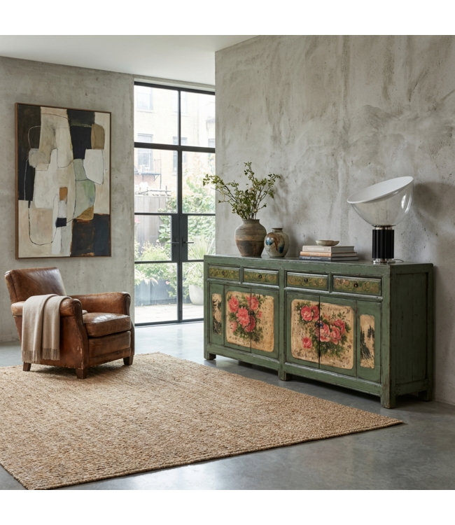 Buffet Chinois Ancien Menthe Pivoines Peintes à la Main L203xP43xH84cm