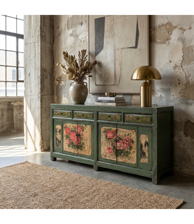 Antique Chinese Sideboard Mint Handpainted Peonies W203xD43xH84cm