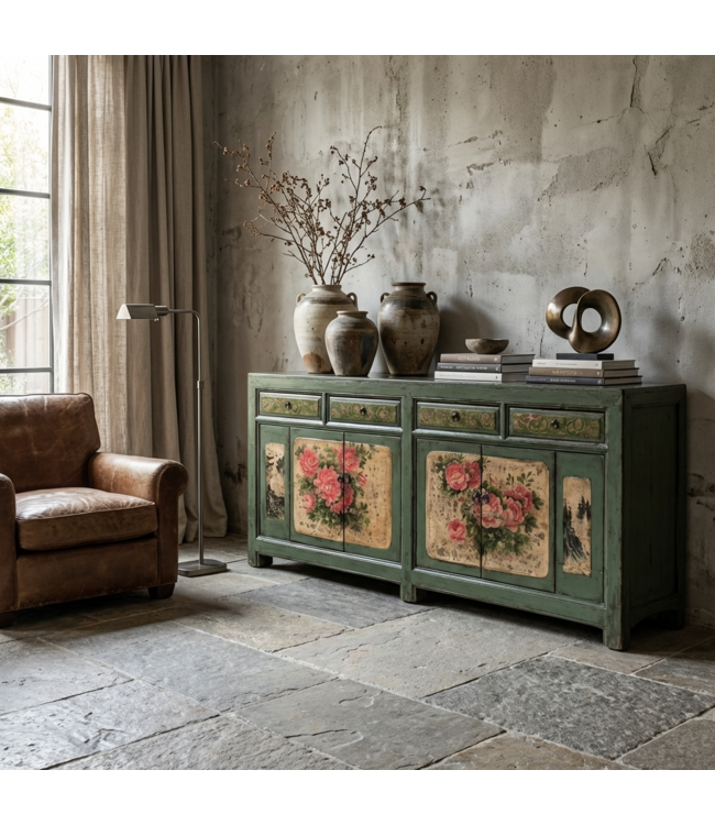 Antikes Chinesisches Sideboard Mint Pfingstrosen Handbemalt B203xT43xH84cm
