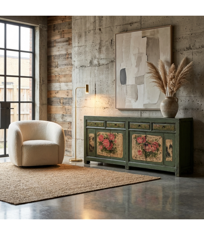 Antikes Chinesisches Sideboard Mint Pfingstrosen Handbemalt B203xT43xH84cm