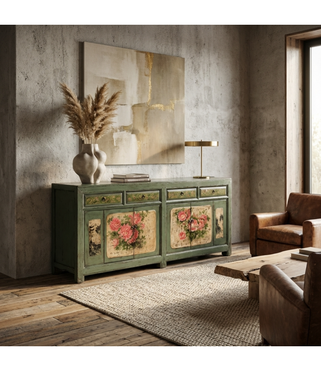 Credenza Cinese Antica Menta Dipinta a Mano con Peonie L203xP43xA84cm