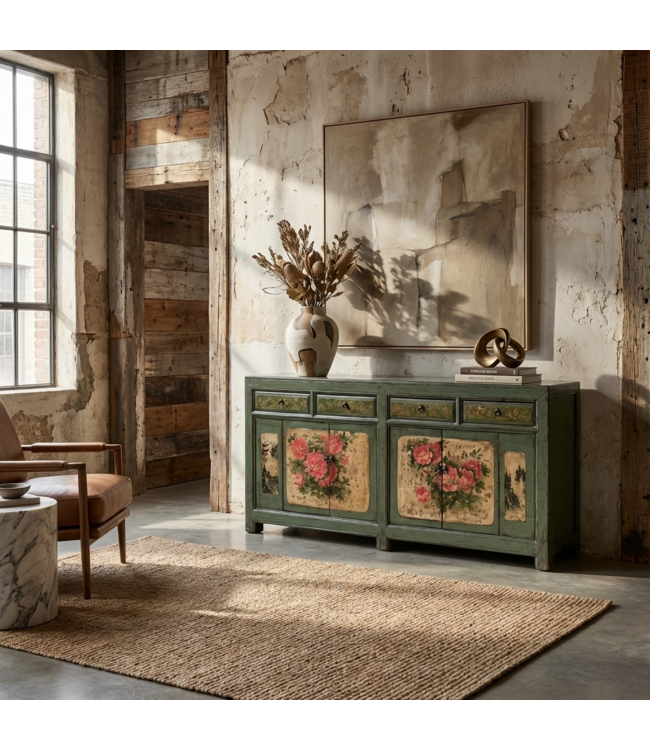 Credenza Cinese Antica Menta Dipinta a Mano con Peonie L203xP43xA84cm