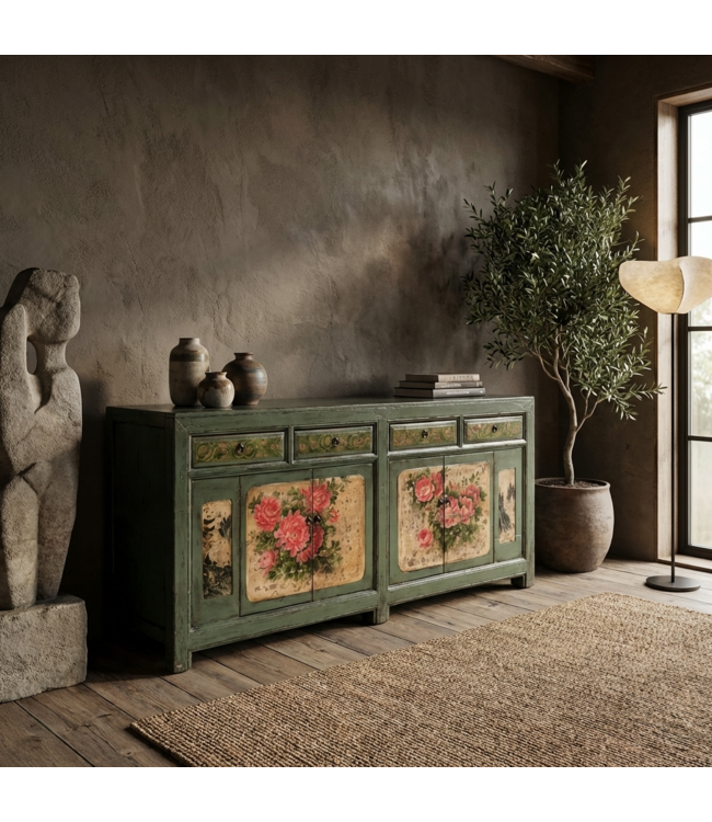 Antikes Chinesisches Sideboard Mint Pfingstrosen Handbemalt B203xT43xH84cm