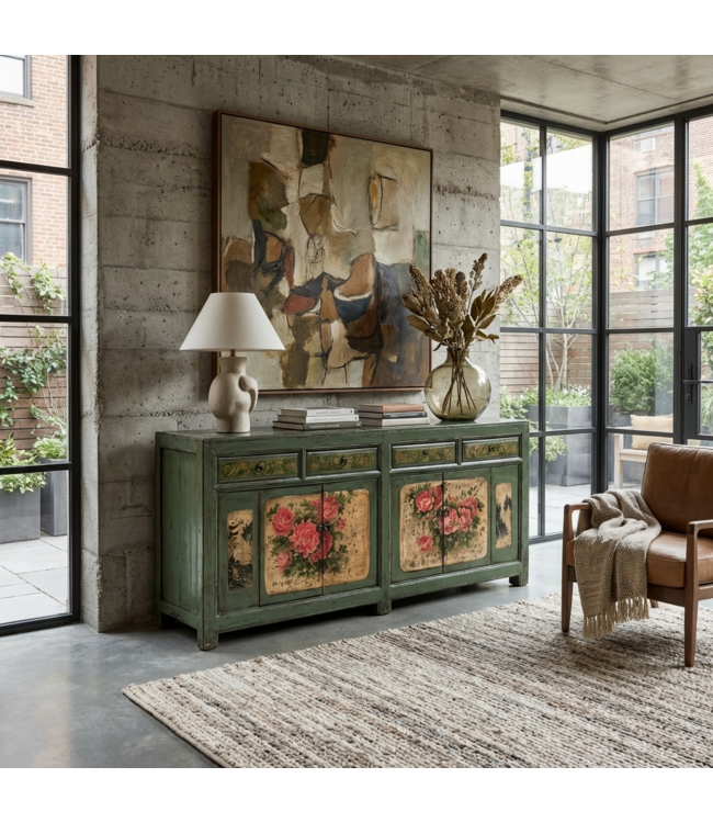 Credenza Cinese Antica Menta Dipinta a Mano con Peonie L203xP43xA84cm